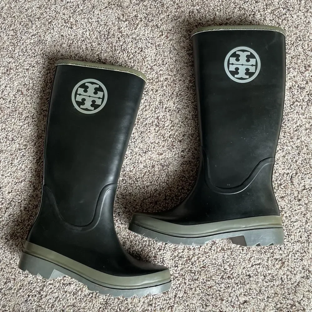 TORY BURCH Women's Rubber Work Boots Equestrian Tall Rain Sz 7 Black/Gray/Green